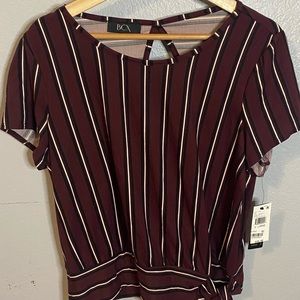 BCX Women's Burgundy Striped Short-Sleeve Top Tie Waist
